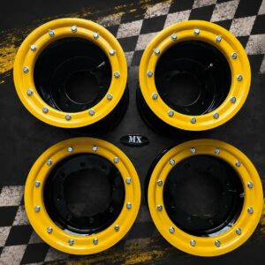 LLANTAS PACK 4 UNIDADES MX RACING DELANTERA/TRASERAS NEGRAS EN ALUMINIO 2 X 10"/2 X 9" beadlock amarillo