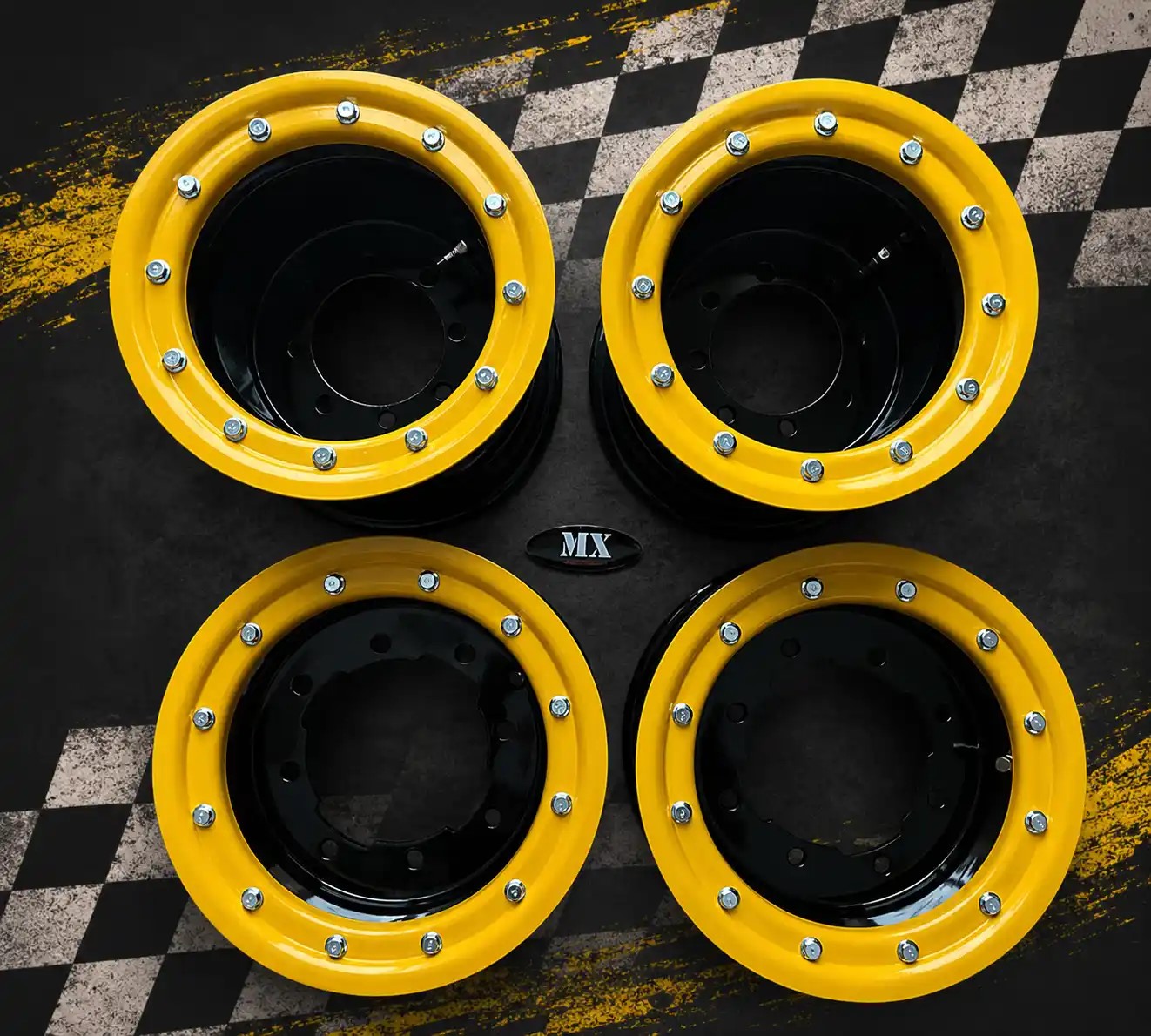 LLANTAS PACK 4 UNIDADES MX RACING DELANTERA/TRASERAS NEGRAS EN ALUMINIO 2 X 10"/2 X 9" beadlock amarillo