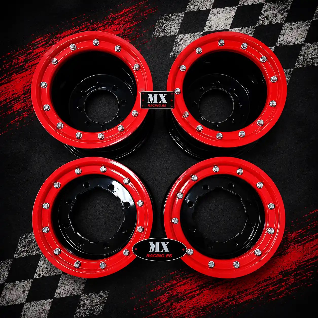 LLANTAS PACK 4 UNIDADES MX RACING DELANTERA/TRASERAS NEGRAS EN ALUMINIO 2 X 10"/2 X 9" beadlock rojo