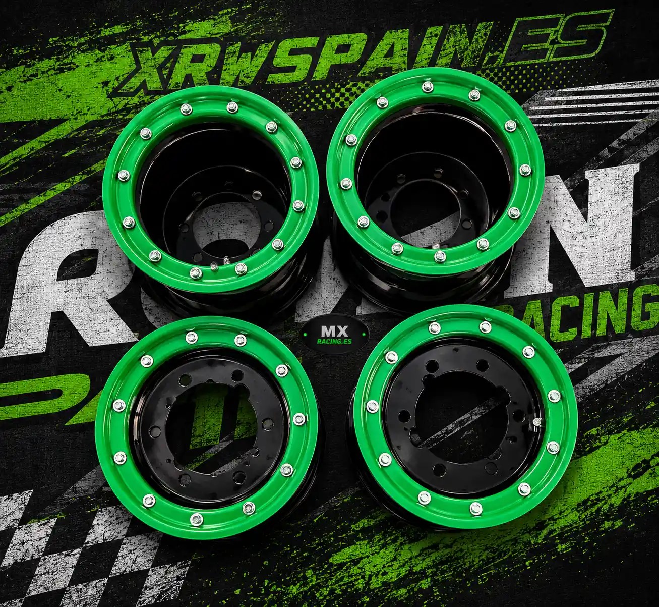 llantas pack 4 unidades mx racing delanteras/traseras en alumino 2 X 10"/2 X 9" beadlock verde anonizado