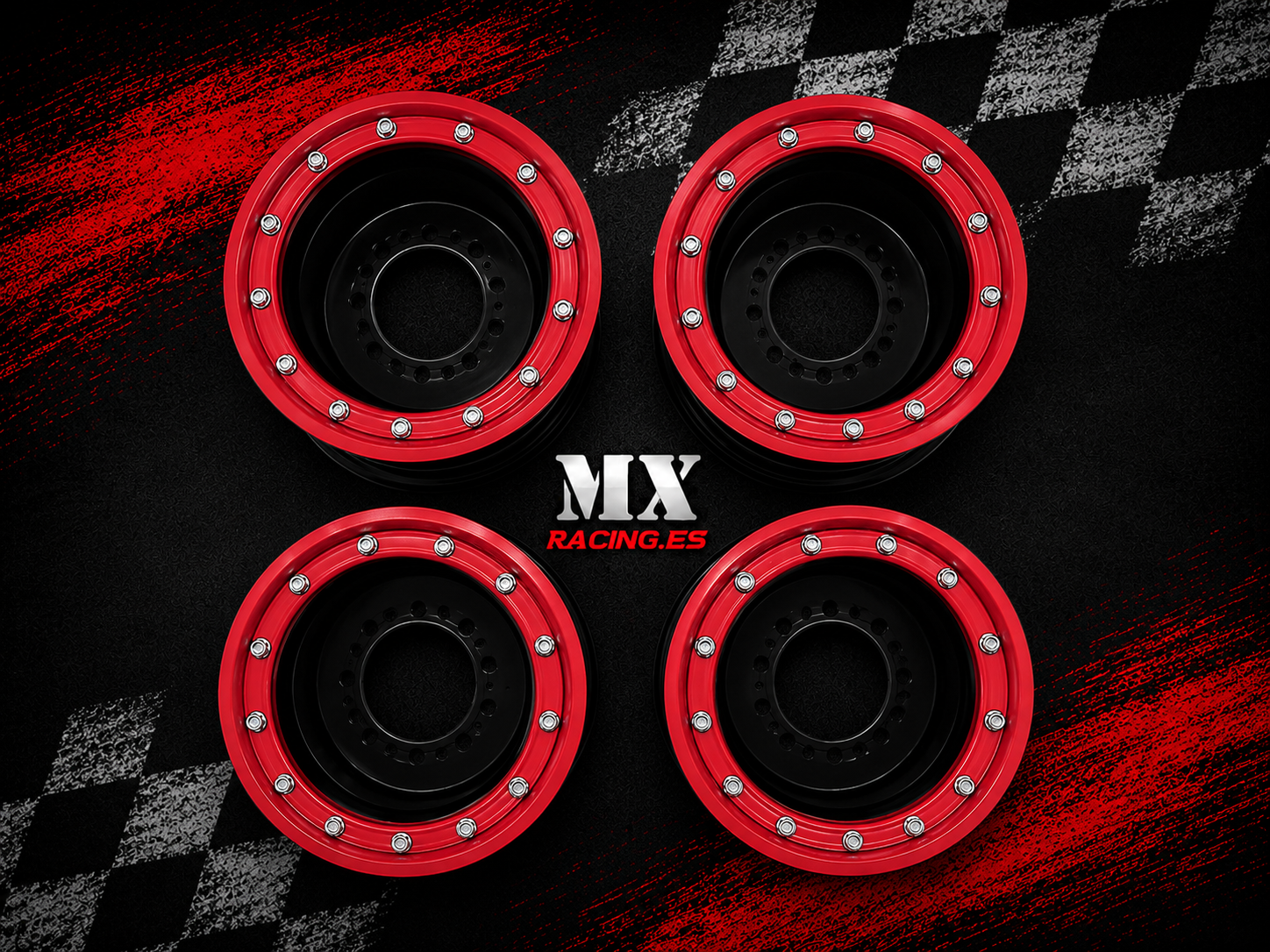 llantas pack 4 unidades mx racing delanteras/traseras en alumino 2 X 10"/2 X 9" beadlock rojo anonizado/llanta negra anonizada